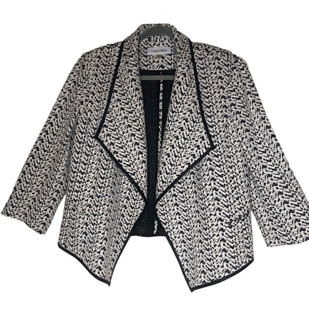 Calvin Klein White & Black Woven Open Front Jacket Career, Normcore, Academia